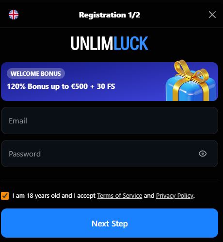 Register new UnlimLuck account and claim welcome bonus